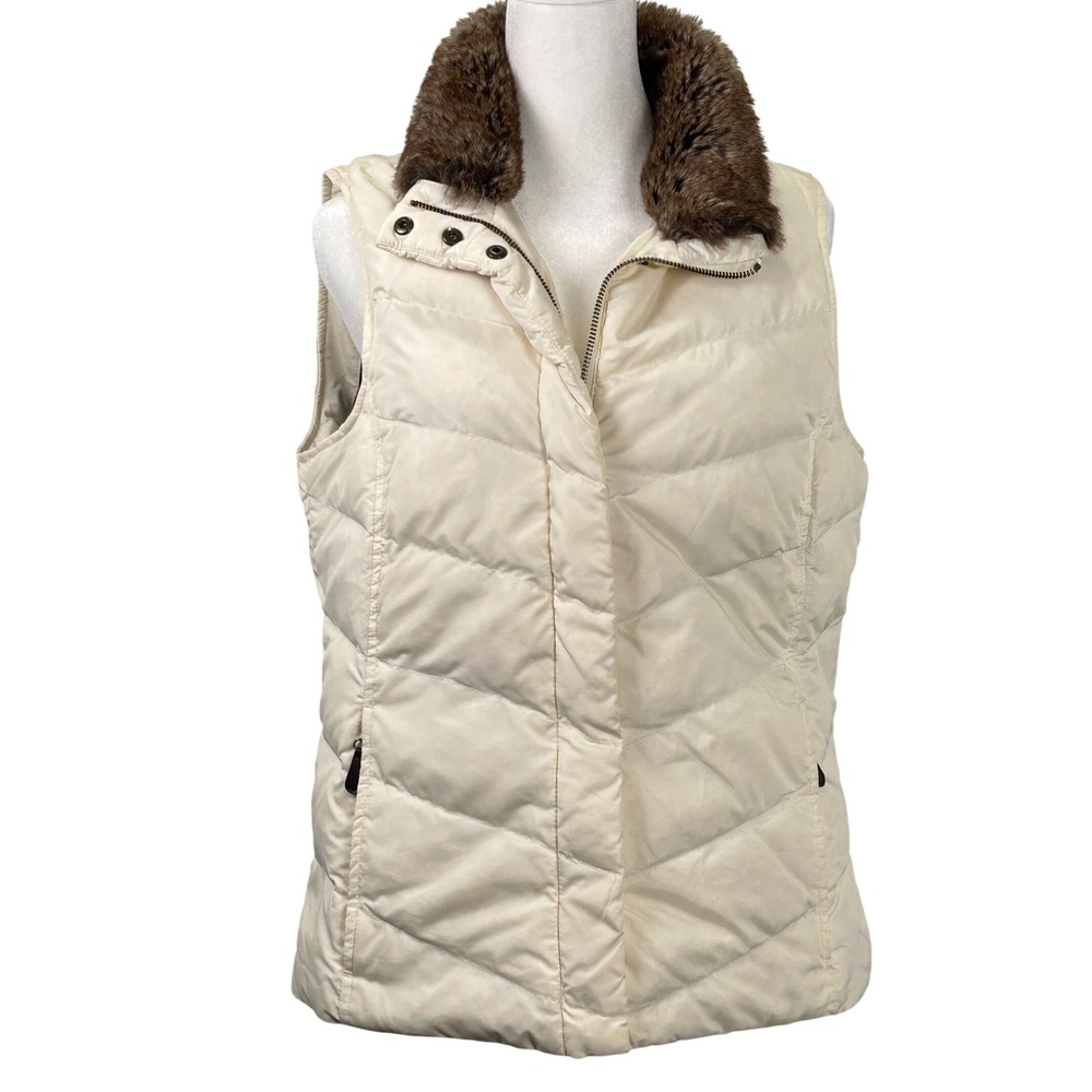 Eddie Bauer Puffer Vest Womens M Cream Down Faux Fur Trim Quilted